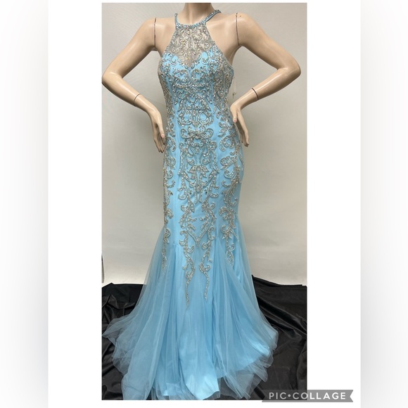 Montage by MON Cheri mermaid mock neck embroidered low back long gown - Picture 4 of 16